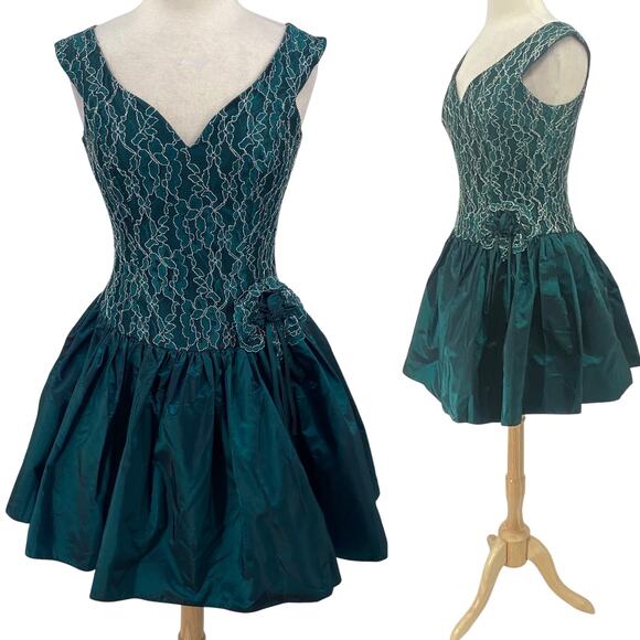 Vintage 80s Fit & Flare Cocktail Dress Lace Bodice Taffeta Mini Teal Womens 8